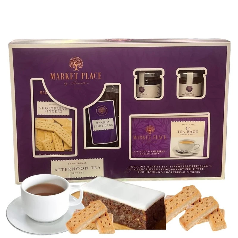 Teatime Christmas Hamper - Afternoon Tea and Biscuits Hamper 867g - Tea gift set with Shortbread Biscuits, 40 Tea bags, Brandy Fruit cake and Jam Preserve - Christmas Food Hamper for Men Women Couples
