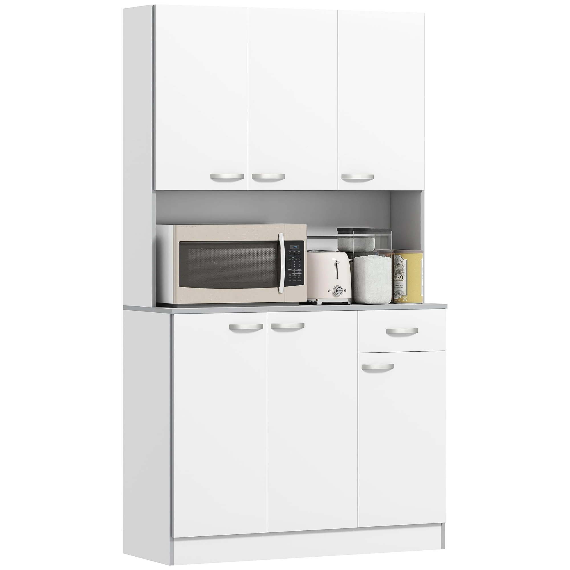 HOMCOM Kitchen Cupboard, Freestanding Kitchen Storage Cabinet with 6 Doors, Drawer, Adjustable Shelves and Open Countertop for Dining Room, White