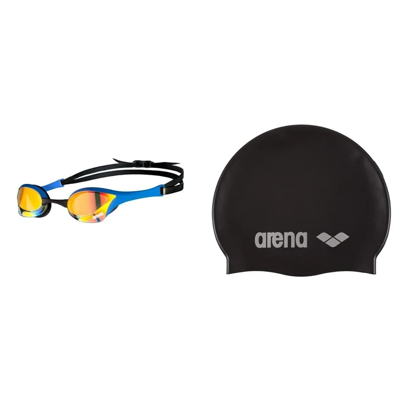 ARENA SWIM GOGGLES COBRA ULTRA SWIPE MIRROR-YELL/COPPER/BLUE & arena unisex swim cap classic silicone (reinforced edge, less slipping of the cap, soft), black-silver (55), one size