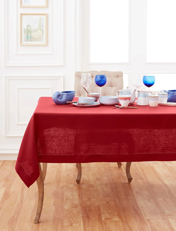 Solino Home 100% Pure Linen Tablecloth Red, Classic Hemstitch 60 x 108 in