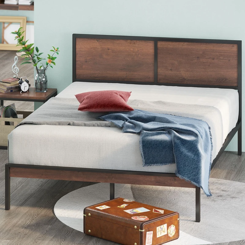 Zinus Mory Metal and Wood Bed Frame with Split Headboard | Single 90x190 cm | 30 cm High | Wood Slat Support | For Adults, Kids, Teenagers | Easy Assembly | Brown