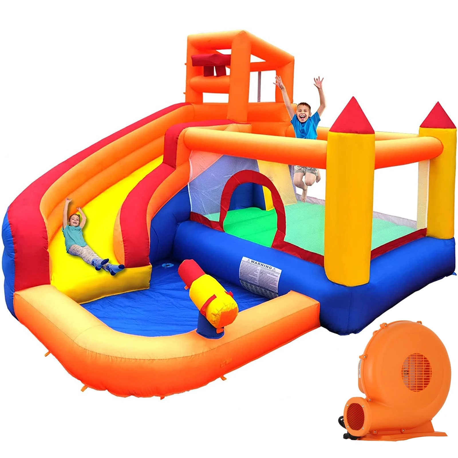 Ballsea Bouncy Castle, Inflatable Trampoline Bounce House with Long Slide, Climbing Wall, Ball Pit, Cannon, Bucket Dump for Kids Indoor Outdoor