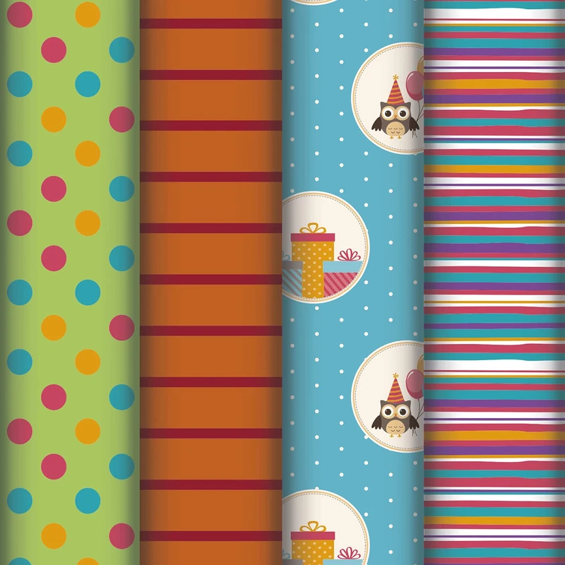Clairefontaine 211400AMZC - A Box Of 10 Rolls Of Gift Paper - Paper Excellia 80g - Dimensions : 5x0,70m - Pattern : Owls, Child, Stripes, Multicolour - Gift