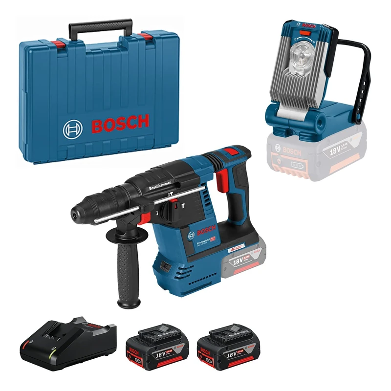 Bosch Professional 18V System cordless hammer drill GBH 18V-26 F & GLI VariLED cordless worklight (incl. 2x GBA 18V 4.0Ah rechargeable battery, GAL 18V-40 charger, in case) – Amazon exclusive set