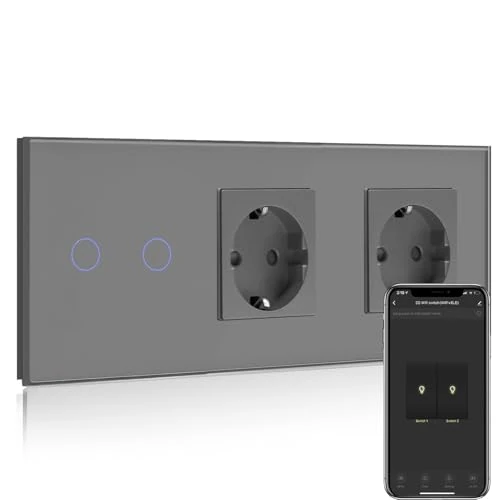 BSEED Normal Socket with Smart Alexa Light Switch, Compatible with Alexa, Google Home, Touchscreen Switch, Smart Light Switch, Double 1-Way, 16 A Double Socket, Grey (Neutral Line Required)