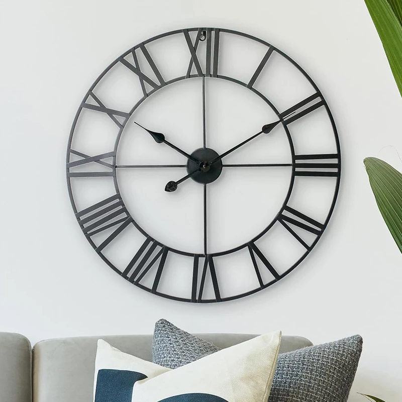 LW Collection Olivier Wall Clock Black 60 cm - Wall Clock Roman Numerals - Industrial Wall Clock Silent Timepiece - Large Wall Clock - Non-Ticking - Silent - Battery Operated - Industrial Design - Image 1