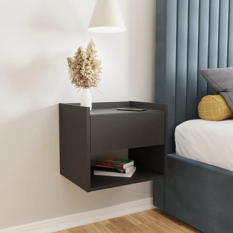 GFW Harmony Pair of Wall Mounted Minimalistic Floating Bedside Tables with Storage Drawer & Shelf, Anthracite, 42.5 x 33 x 36 cm