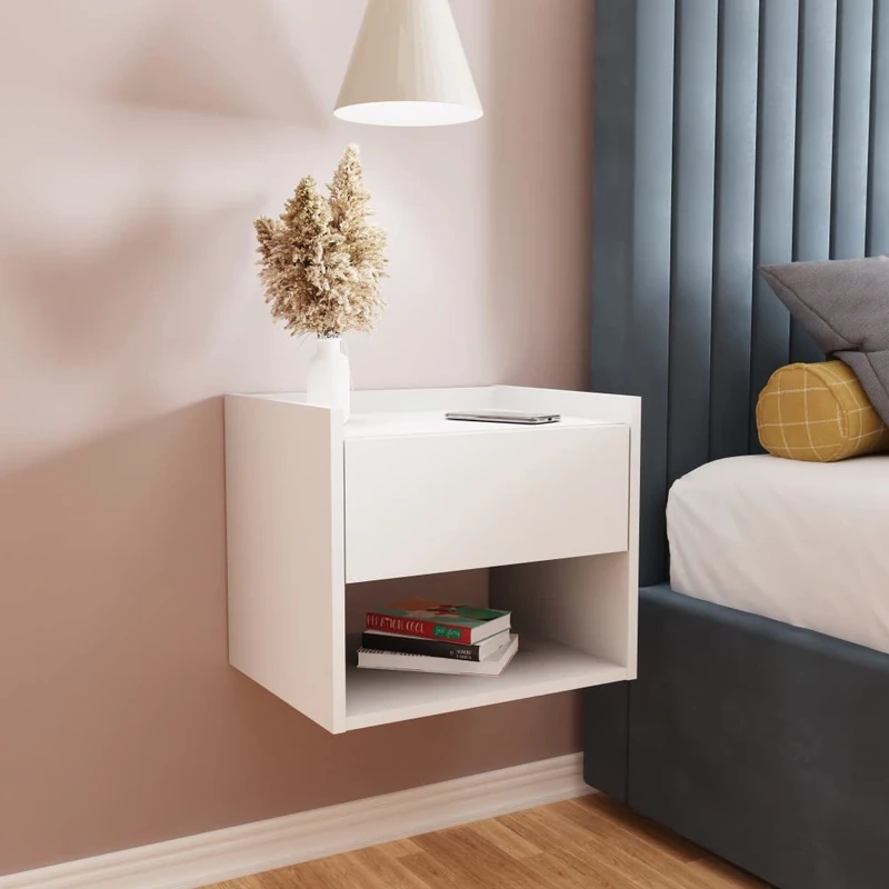 GFW Harmony Pair of Wall Mounted Minimalistic Floating Bedside Tables with Storage Drawer & Shelf, White, 42.5 x 33 x 36 cm - Image 1