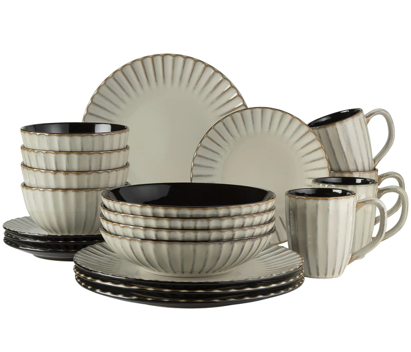 MÄSER 931963 Confino Series Crockery Set for 4 People in Modern Vintage Look, 20-Piece Ceramic Crockery Set in Beige with Black Accents, Stoneware