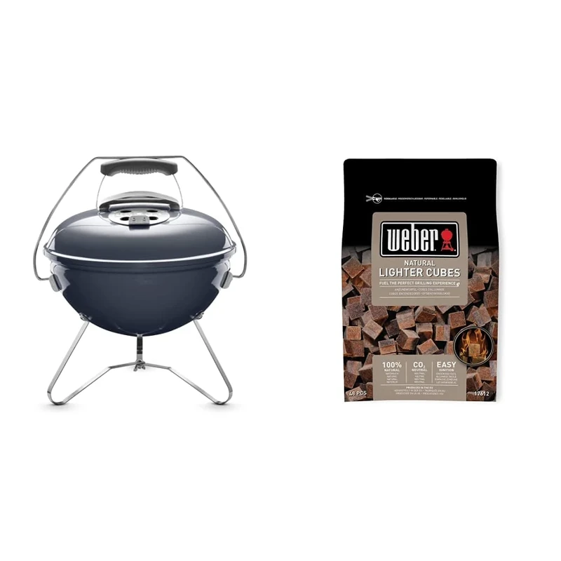 Weber 1126804 Smokey Joe Premium Charcoal BBQ, Grill, Slate Blue 37cm & 17612 Lighter Cube, Mixed, 38x17x5 cm