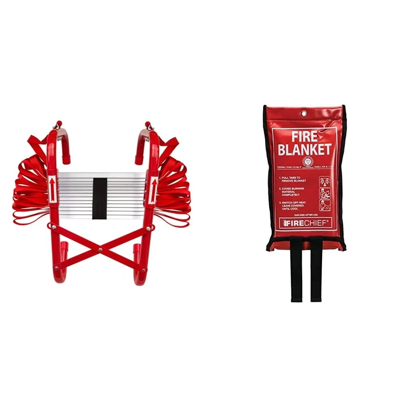 Firechief FEL730 3 Storey Foldable Fire Escape Ladder With Extra Wide Treads & Budget Fire Blanket (1m x 1m) - Suited For Home Use