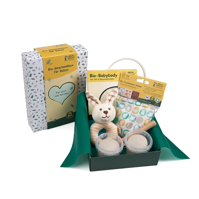 Grünspecht Organic Gift Box for Babies with Organic Heat Cushion, Organic Fabric Rattle, Organic Imprint Set & Organic Body, Gift Birth, Baby Shower (GB-004) - Image 1