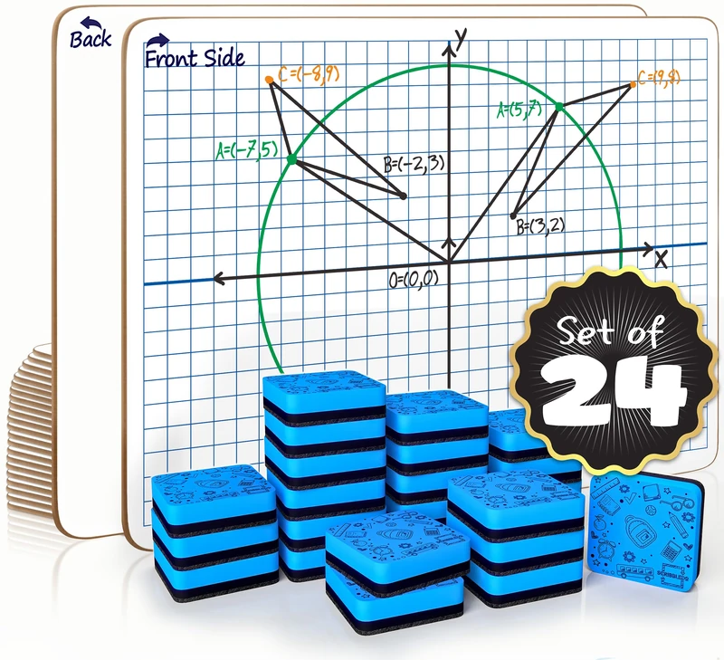 Scribbledo 24 Pack Dry Erase XY Axis Graph Lap Boards Whiteboards 9'' X 12'' for Student and Classroom Use, Math White Board - Double Sided with 24 Erasers Included