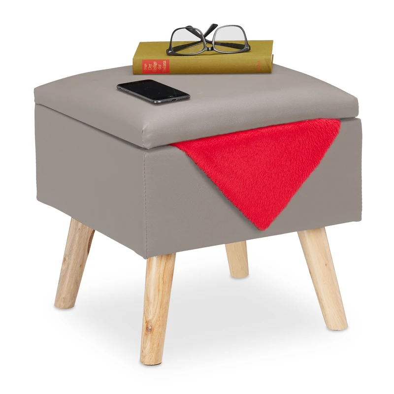 Relaxdays Ottoman with Storage Space, Imitation Leather Footstool, HWD: 40x40x40 cm, with Lid, Upholstered Seat, Grey, Fibreboard
