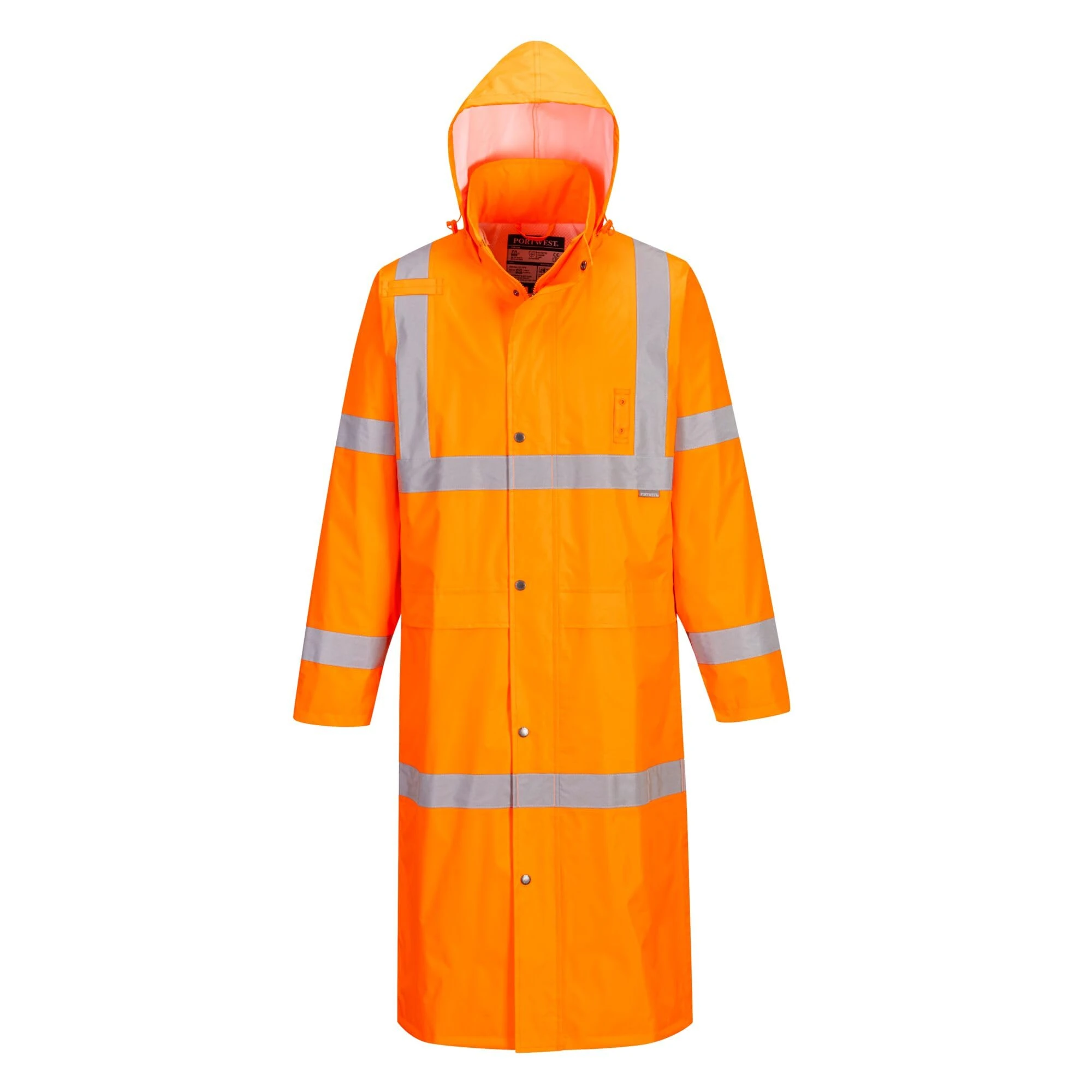 Portwest H445 Men's Waterproof Hi Vis Raincoat - Reflective Lightweight Long Rain Jacket with Hood Safety Workwear ANSI Class 3 Orange, Small