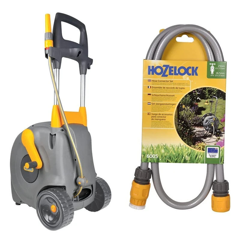 Hozelock 2450P0000 Wheeled Fast Cart with 40m hose & Hozelock 6005A0000 Hose Connection Set, Grey, Yellow, 21mm x 26.5mm