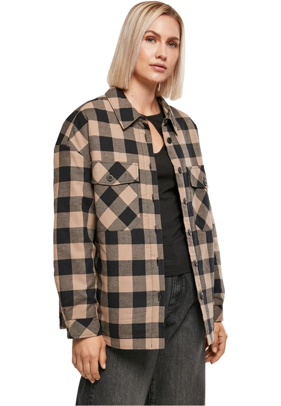 Urban Classics Women's Ladies Flanell Padded Overshirt Jacket, Black/softtaupe, 5XL