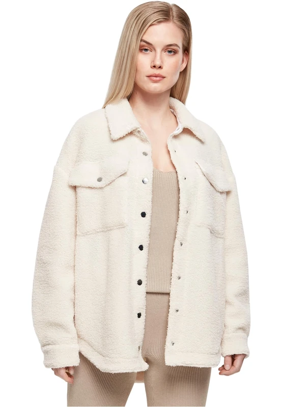 Urban Classics Women's Ladies Sherpa Overshirt Shirt, whitesand, XXL