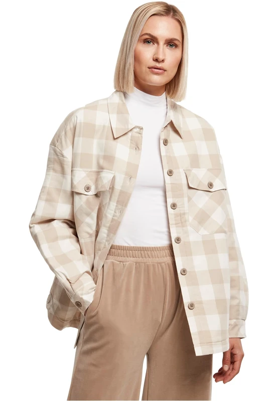 Urban Classics Women's Ladies Flanell Padded Overshirt Jacket, whitesand/lighttaupe, S