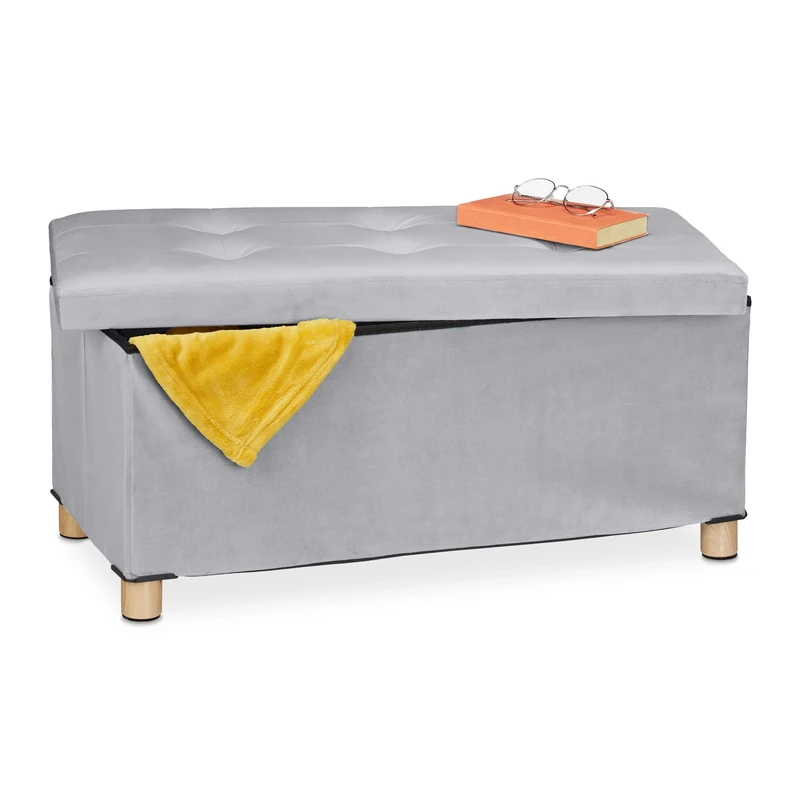 Relaxdays Storage Bench, Velvet Cover, Wooden Feet, H x W x D: approx. 34 x 76 x 38 cm, Light Grey, Fibreboard