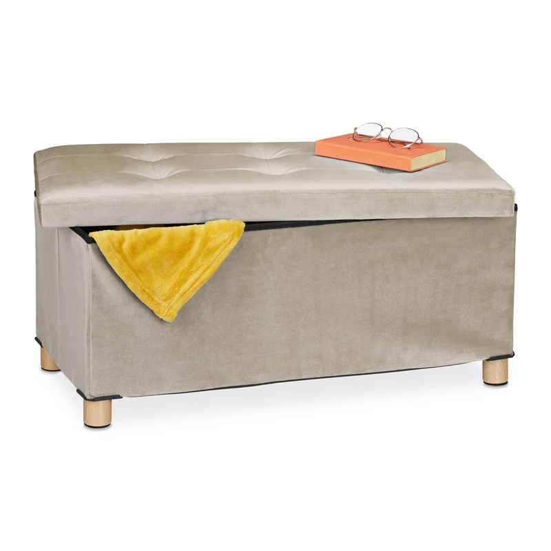 Relaxdays Storage Bench, Velvet Cover, Wooden Feet, H x W x D: approx. 34 x 76 x 38 cm, Cream, Fibreboard
