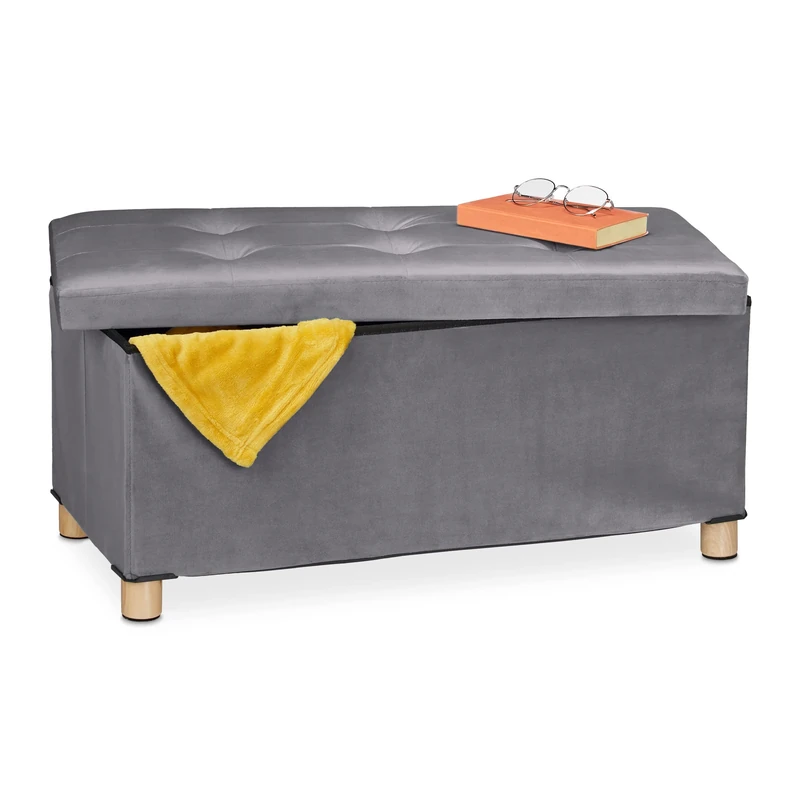Relaxdays Storage Bench, Velvet Cover, Wooden Feet, H x W x D: approx. 34 x 76 x 38 cm, Dark Grey, Fibreboard