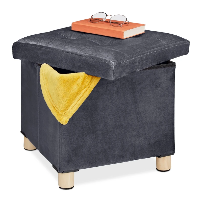 Relaxdays Ottoman, Stool with Storage, H x W x D 35 x 38 x 38 cm, Cushioned Velvet and MDF, Dark Grey, Fibreboard
