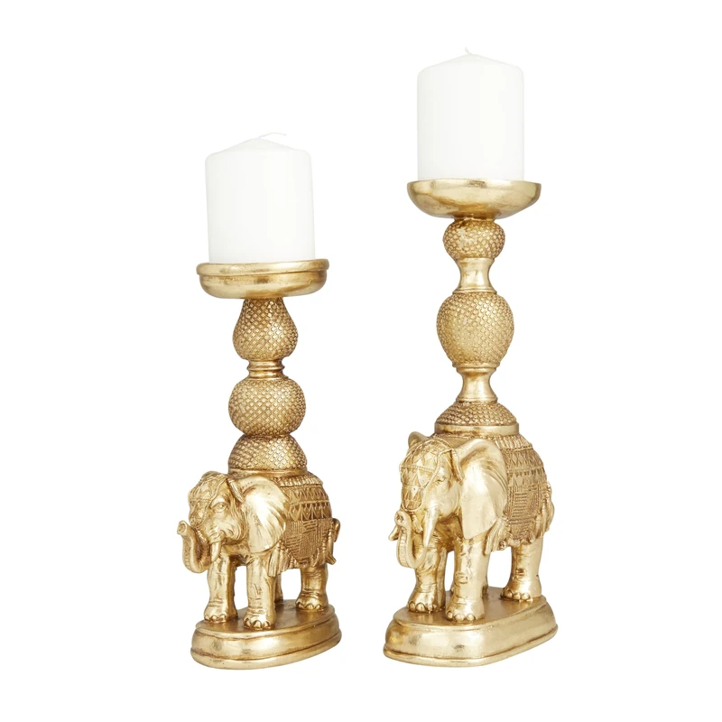 Deco 79 Polystone Elephant Candle Holder, Set of 2 13", 11"H, Gold