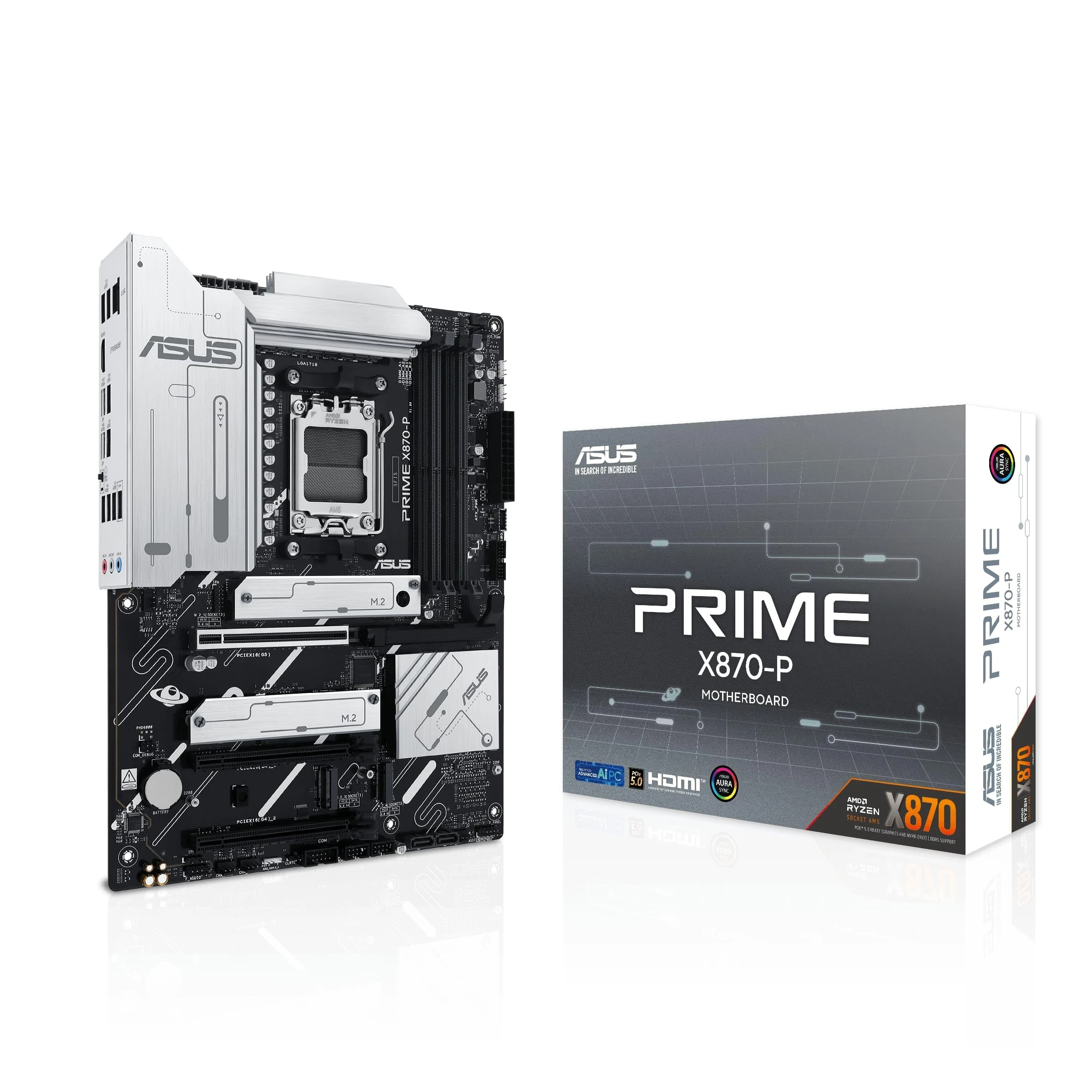 ASUS PRIME X870-P AMD ATX motherboard, 14-2-1(80A) power stages, PCIe 5.0 x16 slot with full support for next-gen graphics cards, four M.2 slots, DDR5 slots, PCIe Slot Q-Release