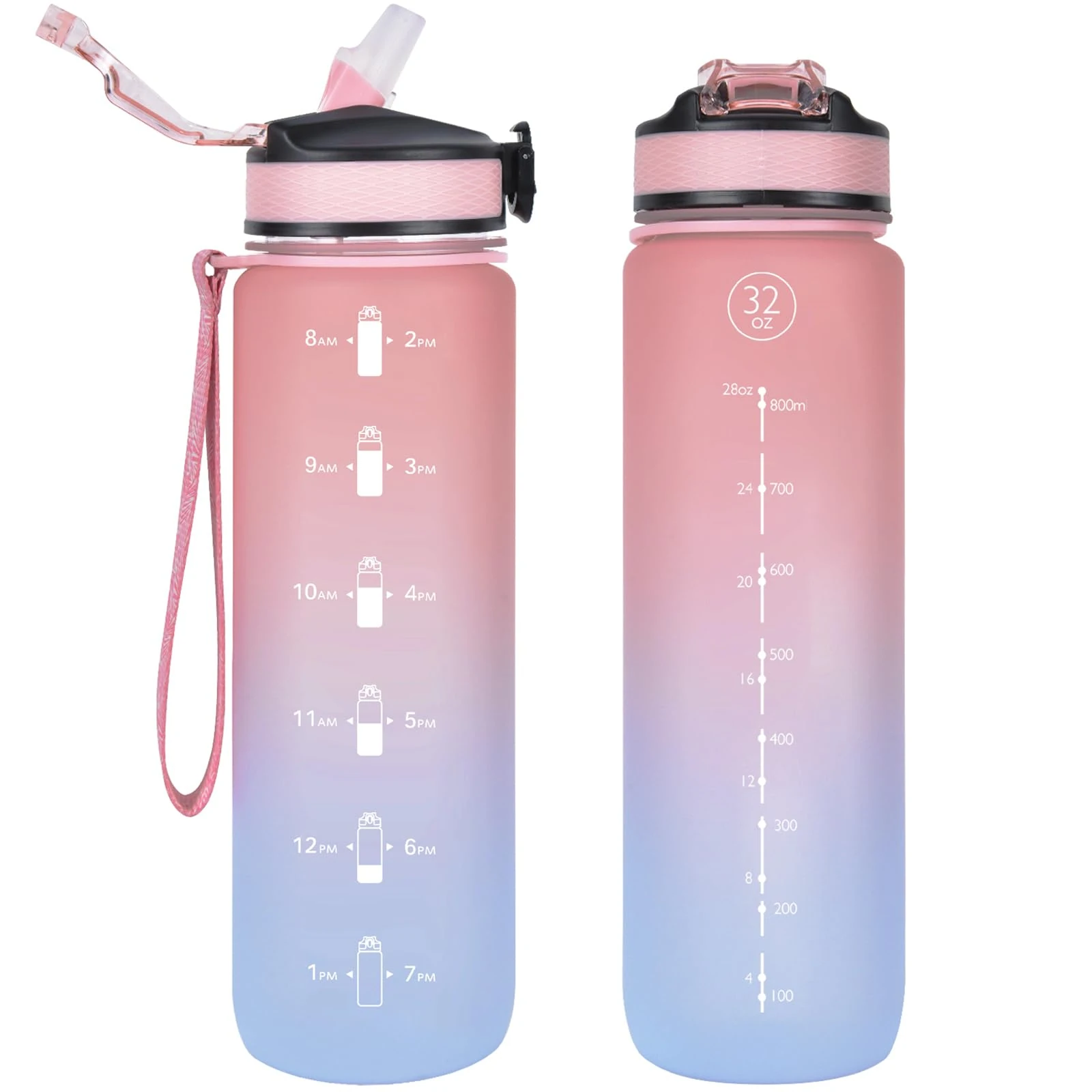 NAVTUE 1L Water Bottle with Straw, Sports Drinks Bottle with Time Markings, Leak Proof, Tritan BPA free for School/Cycling/Running (PinkBlue 1 Bottle)