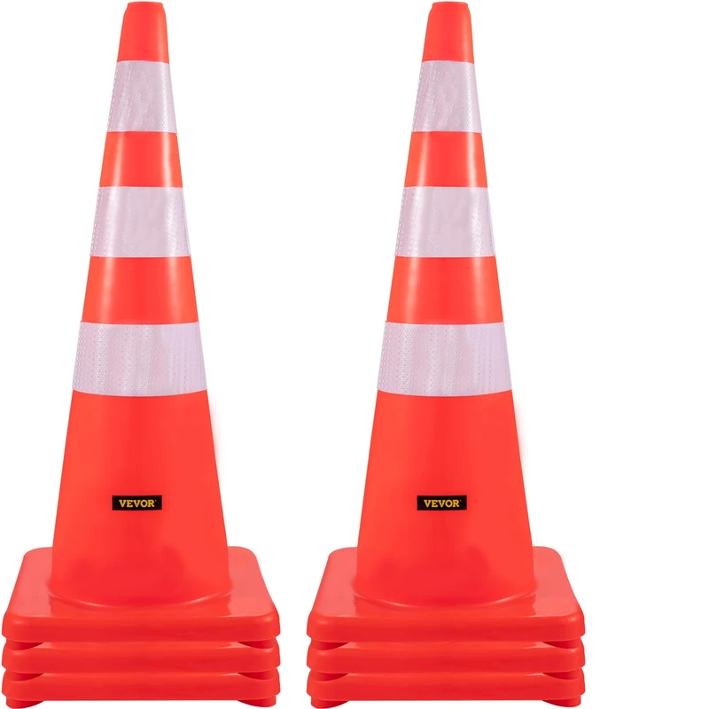 VEVOR Safety Cones, 6 x 36" Traffic Cones, PVC Orange Construction Cones, Reflective Collars Traffic Cones with Weighted Base Used for Traffic Control, Driveway Road Parking and School Improvement