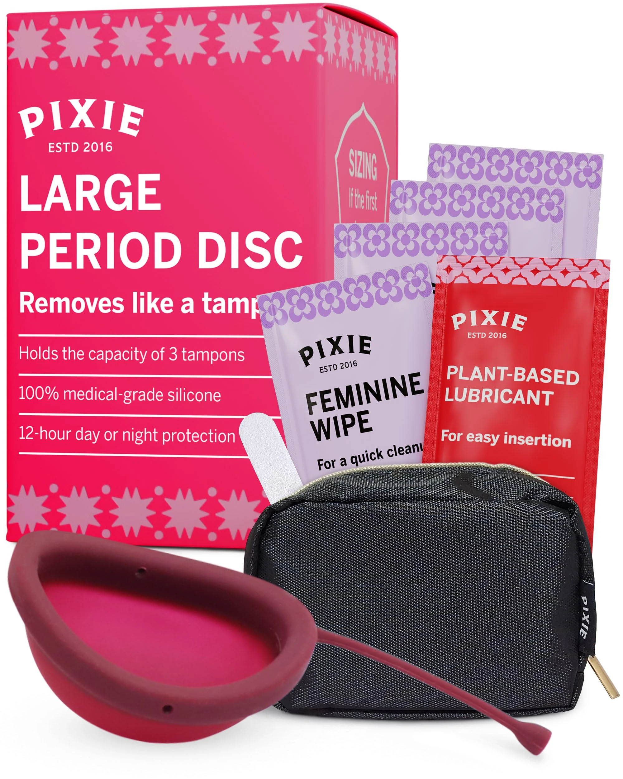 Pixie Menstrual Disc - No Metals or Toxins - 100% Medical-Grade Silicone - Ranked 1 for Most Soft Reusable Period Disc - Removes Like a Tampon - Wear 12 Hours - Capacity of 7 Tampons (Large)