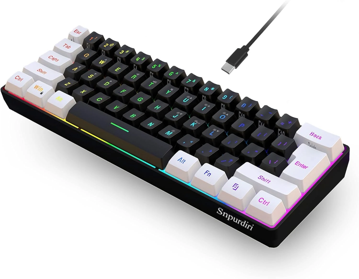 Snpurdiri 60% Gaming Keyboard, RGB Backlit Small Keyboard | Ultra-Compact 60 Percent Keyboard with Detachable USB-C Cable | UK Compatible US Layout | Black White Design for PC/Mac