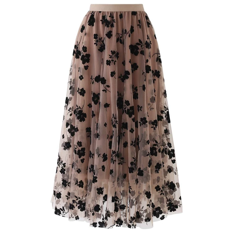 Chicwish Women's Caramel/Dusty Blue/White/Black 3D Posy Double-Layered Mesh Midi Skirt, Caramel, XX-Large