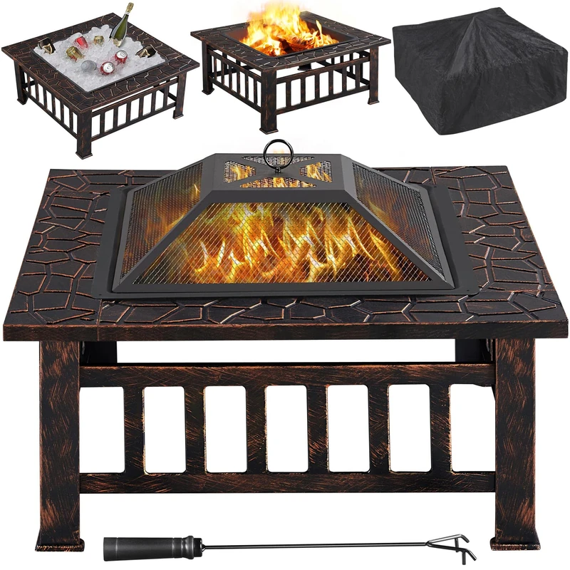 Yaheetech Outdoor Fire Pit 81cm Square Firepit 3-in-1 Heat-Resistant Metal Garden Stove for Barbecue, Heating, Cooling Drinks with Cover & Poker, Copper - Image 1