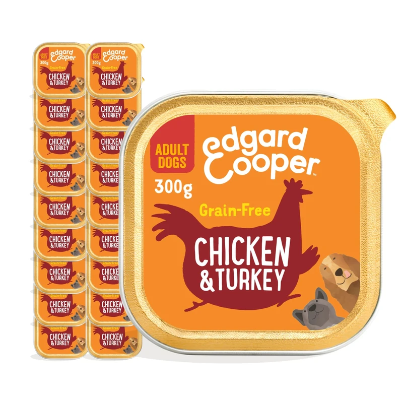 Edgard Cooper Grain-Free Wet Dog Food for Adult Dogs, Chicken Turkey 18 x 300g, Natural Dogs Food in Cup with Fresh Meat Amino Acids, Gluten-Free, High Protein