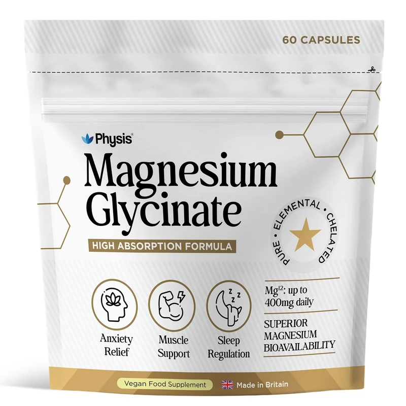 Physis Magnesium Glycinate 400mg Daily | High Absorption Vegan Capsules for Sleep, Mood & Muscle Support | Non-Laxative, Natural Mineral | Relaxation, Stress & Anxiety Relief | 60 x Chelated Capsules