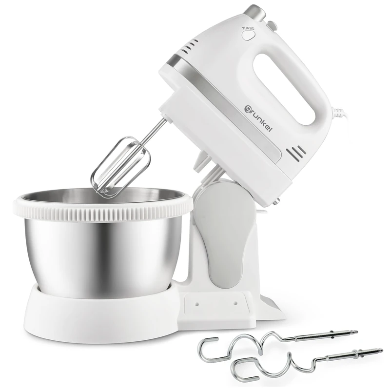 Grunkel - AM-350TURB05BOWL - Food processor with stainless steel rotating bowl, turbo function and 5 speeds, incl. mixer and hook - Capacity: 2L - 350W