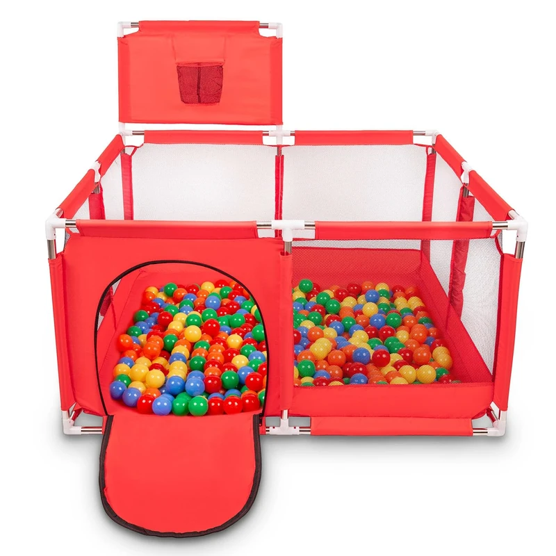 Selonis Square Play Pen Filed with 100 Balls Basketball, Red:Green/Yellow/Blue/Red/Orange