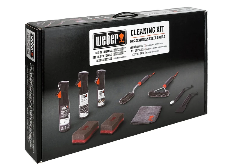 Weber Cleaning Set for Stainless Steel Grills, includes: 3x grill brushes, grill grate & stainless steel cleaner (each 300ml), non-stick spray 200ml, microfiber cloth, scraper, 2 sponges (18284)
