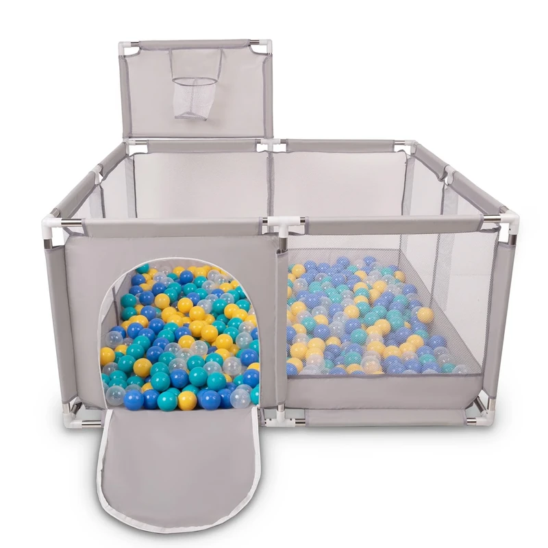 Selonis Square Play Pen Filed with 100 Balls Basketball, Grey:Blue/Turquoise/Yellow/Transparent - Image 1