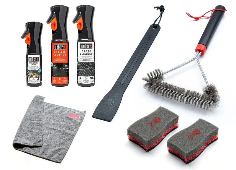Weber Cleaning Set for Q & Pulse Grills, includes: 30cm grill brush, grill grate cleaner 300ml, Q & Pulse cleaner 300ml, non-stick spray 200ml, microfiber cloth, scraper & 2 cleaning sponges - (18286)