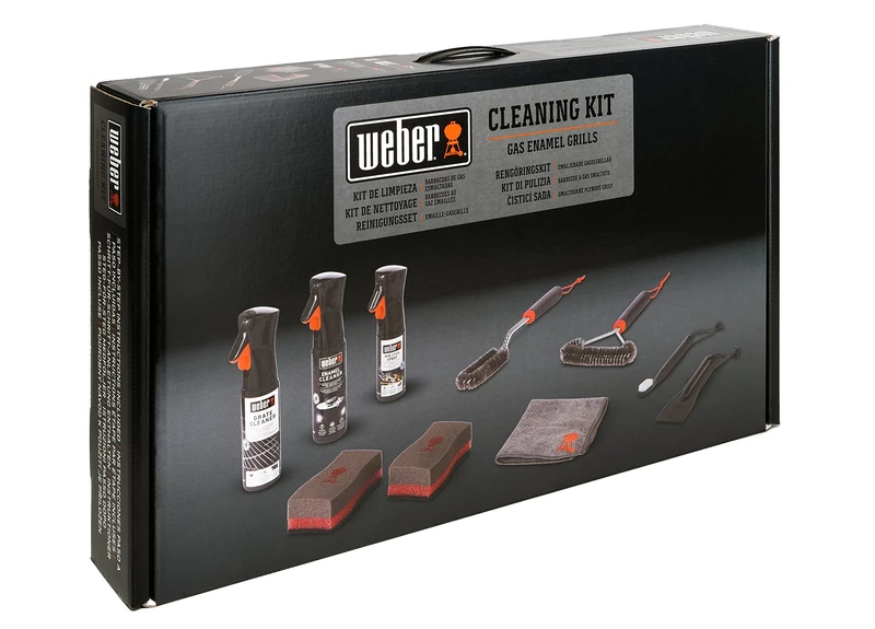 Weber Cleaning Set for Enamel Grills, includes: 3x grill brushes, grill grate & enamel cleaner (each 300ml), non-stick spray 200ml, microfiber cloth, scraper, 2 cleaning sponges (18284)