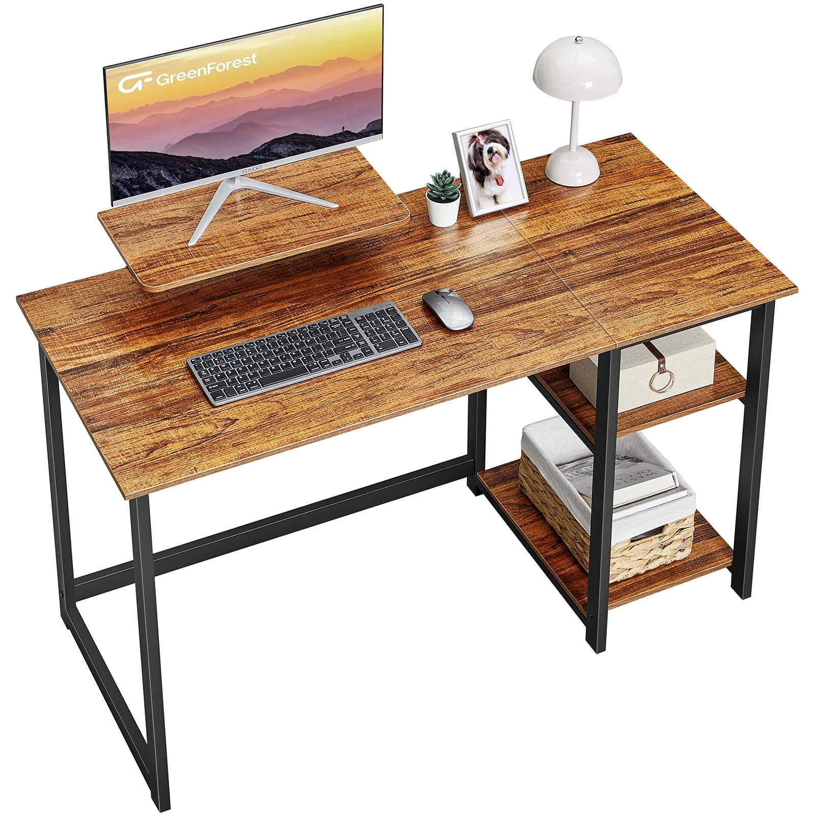 GreenForest Computer Desk with Monitor Stand,100cm Home Office Desk with Reversible Storage Shelves,Study Desk for Small Spaces,Brown