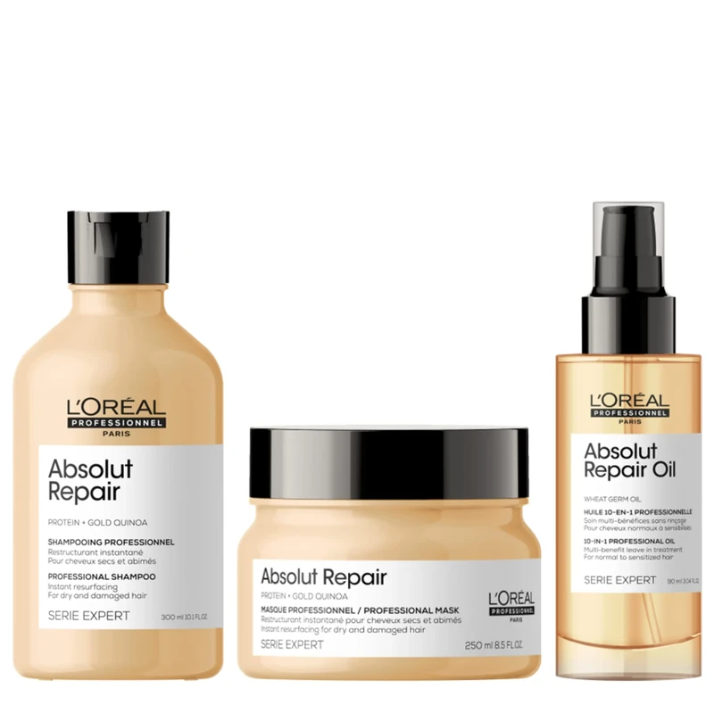 L’Oréal Professionnel Absolut Repair Hydrating Shampoo, Conditioner & 10-in-1 Leave-in Hair Oil Bundle For Dry Hair, 300ml,200ml,90ml