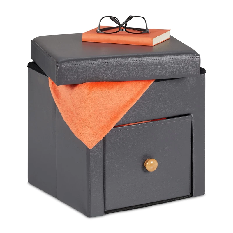 Relaxdays Footstool with Storage Space, Folding Stool Seat, HWD: 38 x 37 x 38 cm, with Drawer, for Armchairs, Grey