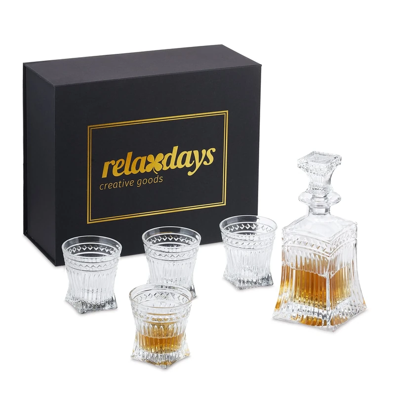 Relaxdays Whisky Decanter Set, 5-Piece, Whiskey Carafe 500 ml, 4 Glasses 240 ml, Cognac, Gift Box, Transparent