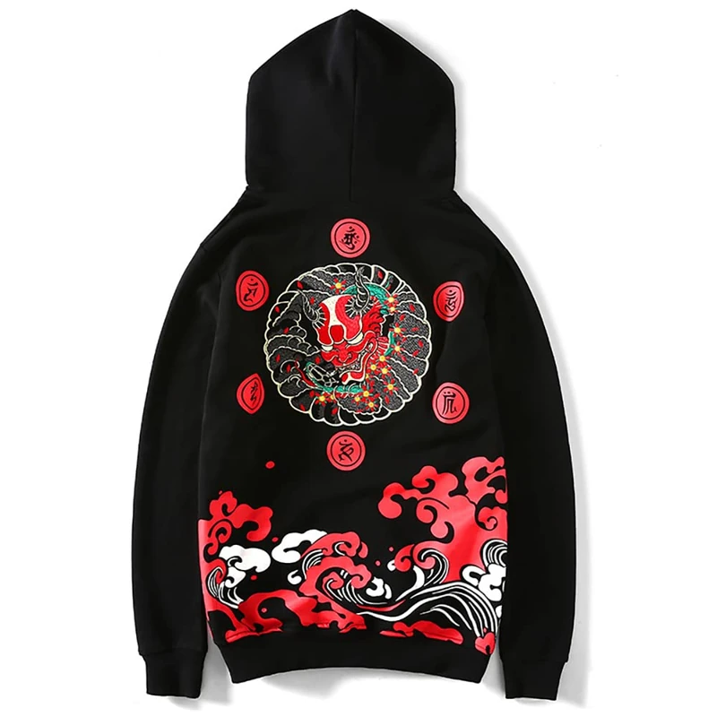 Niepce Inc Streetwear Men's Dragon Embroidered Heavyweight Graphic Hoodies, Black-devil, L