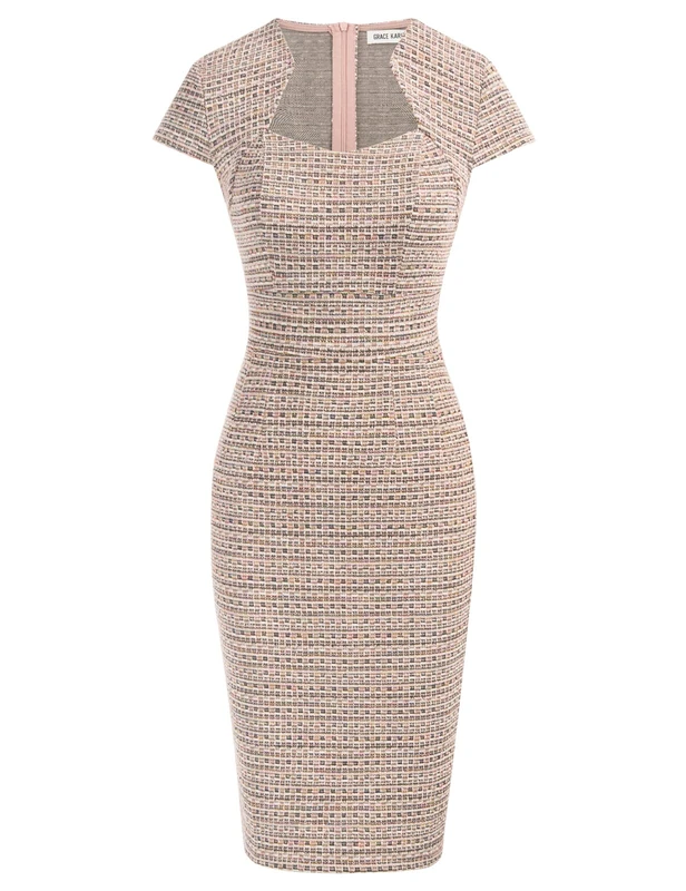 GRACE KARIN Women's 50s Vintage Pencil Dress Cap Sleeve Wiggle Dress CL7597, Tweed-Pink, Medium