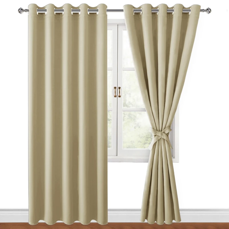 Hiasan Grommet Blackout Curtains for Bedroom, 70 x 84 Inches - Thermal Insulated & Light Blocking Window Drapes for Living Room/Dorm Room, Set of 2 Panels Sewn with Tiebacks, Light Beige